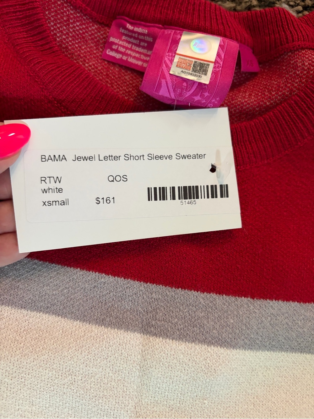 QUEEN OF SPARKLES Red & White 'BAMA' Sequin Knit Sleeveless Top - Picture 4 of 4
